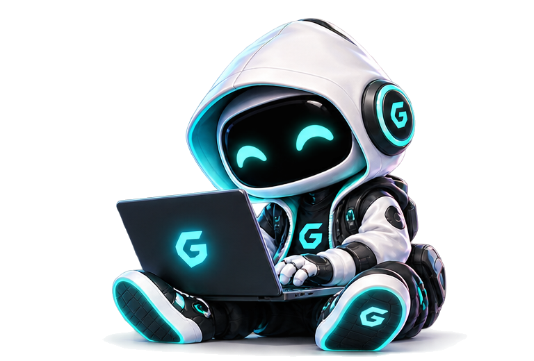 The GullyAI robot mascot typing on a laptop